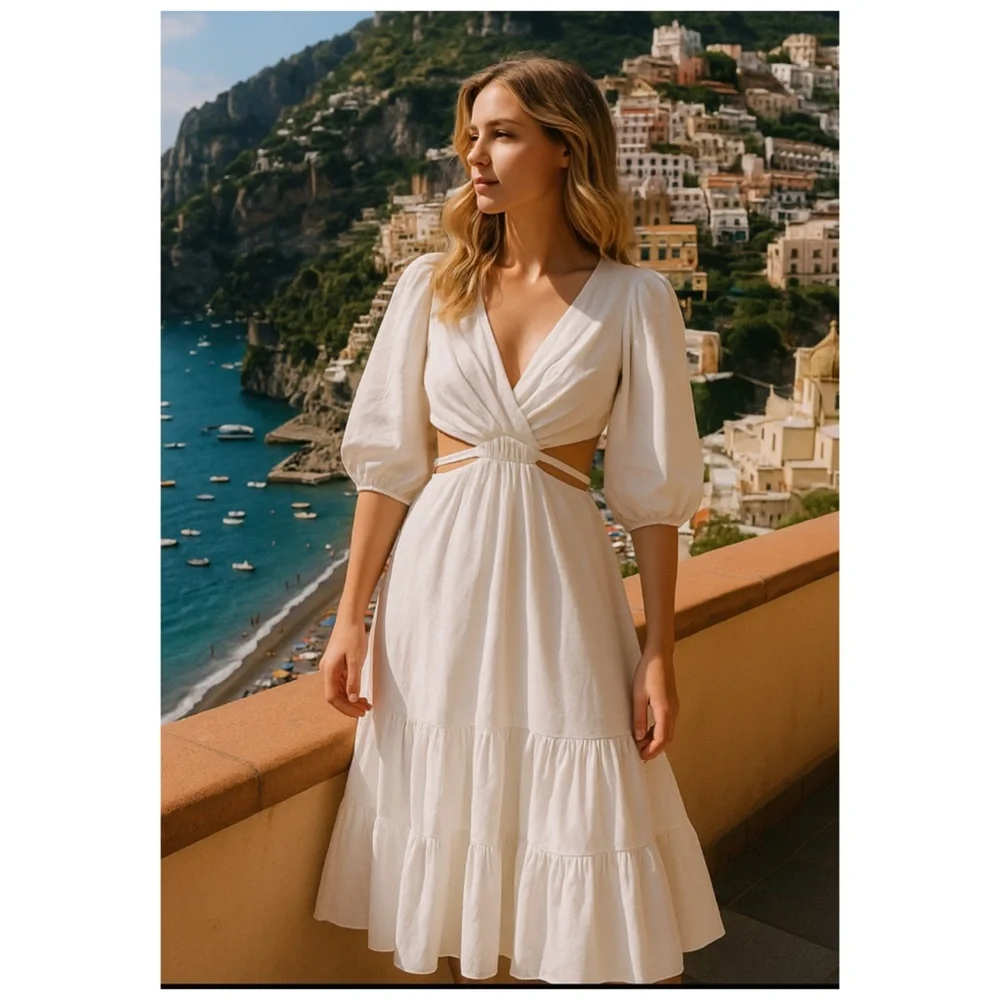 ASTR White Cutout Surplice Midi Dress Puff Sleeve Resort Vacation L NWT - Picture 4 of 14